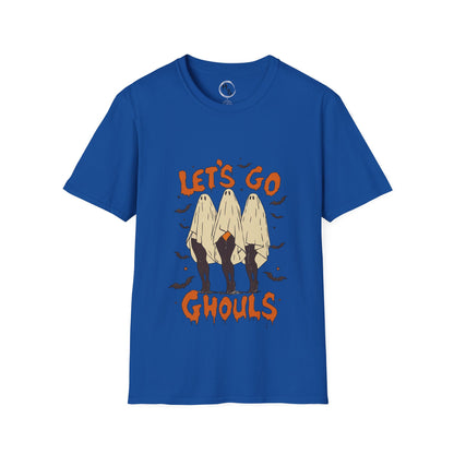 Blue t-shirt with 'Let's Go Ghouls' graphic on a white background