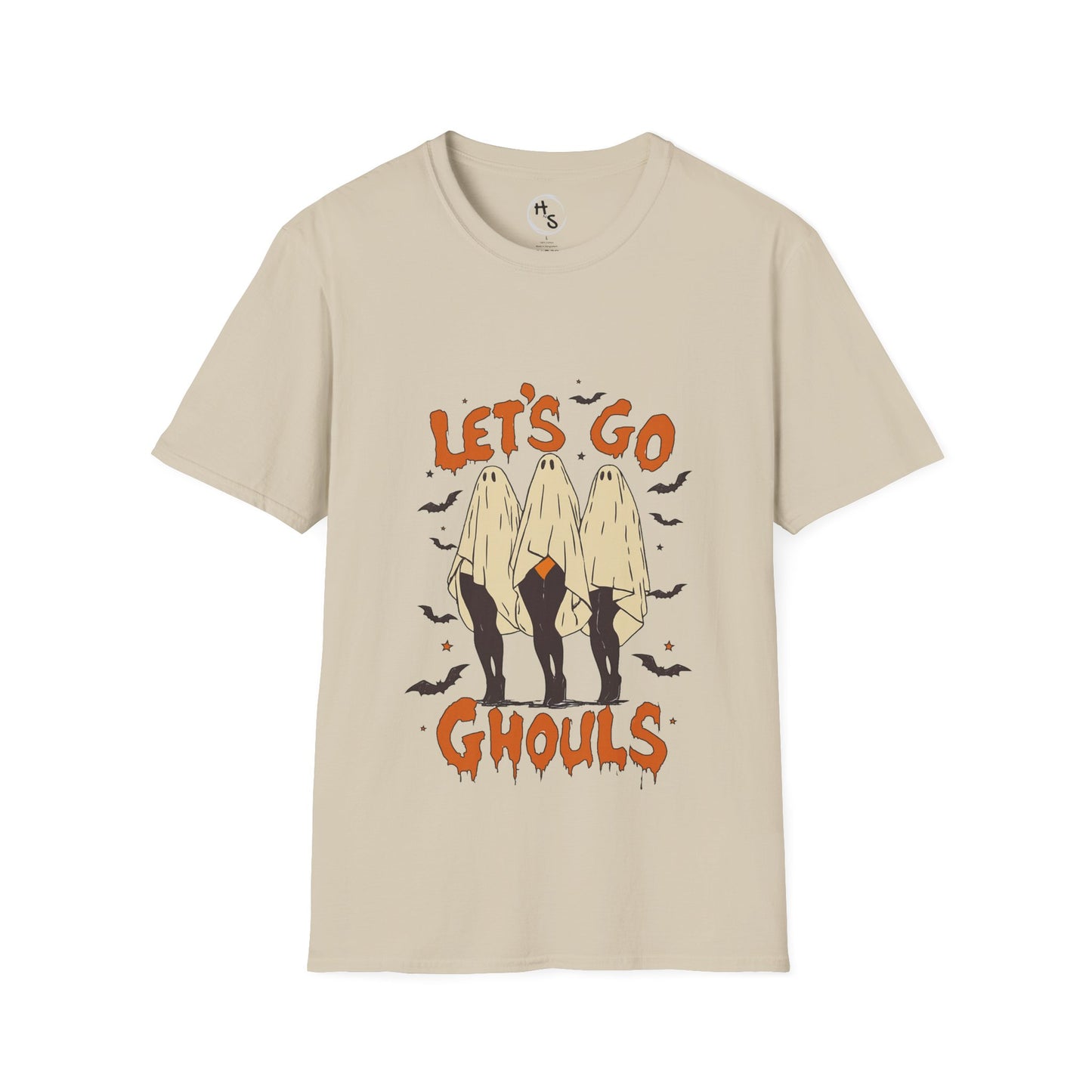 Beige t-shirt with 'Let's Go Ghouls' graphic design on a white background