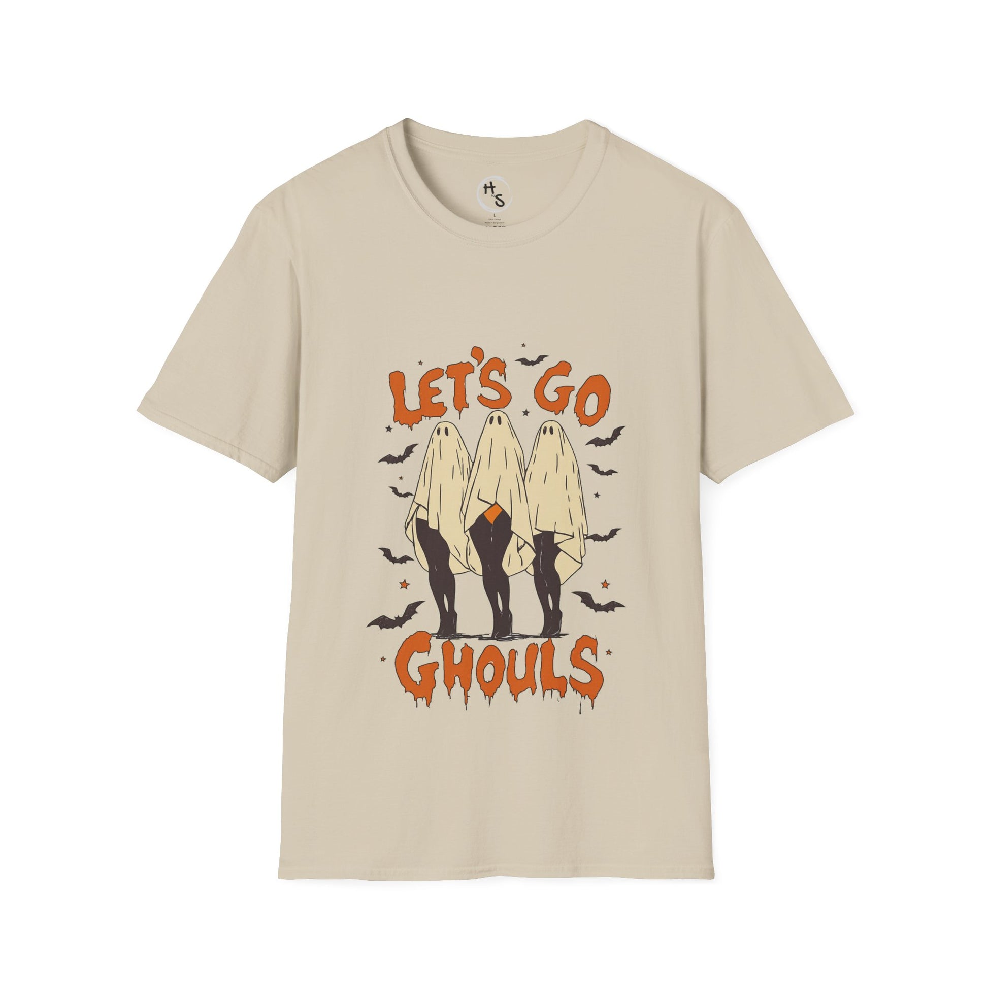Beige t-shirt with 'Let's Go Ghouls' graphic design on a white background