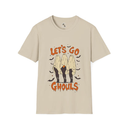 Beige t-shirt with 'Let's Go Ghouls' graphic design on a white background