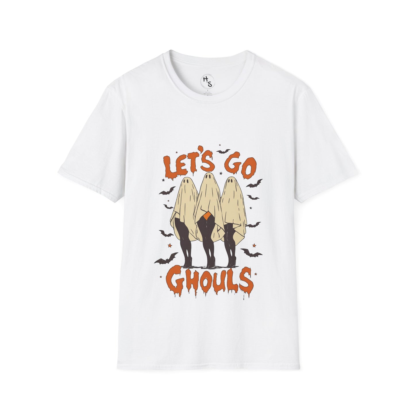 White t-shirt with 'Let's Go Ghouls' graphic design on a white background