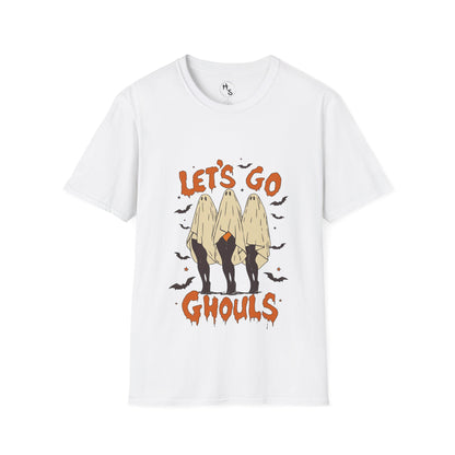 White t-shirt with 'Let's Go Ghouls' graphic design on a white background