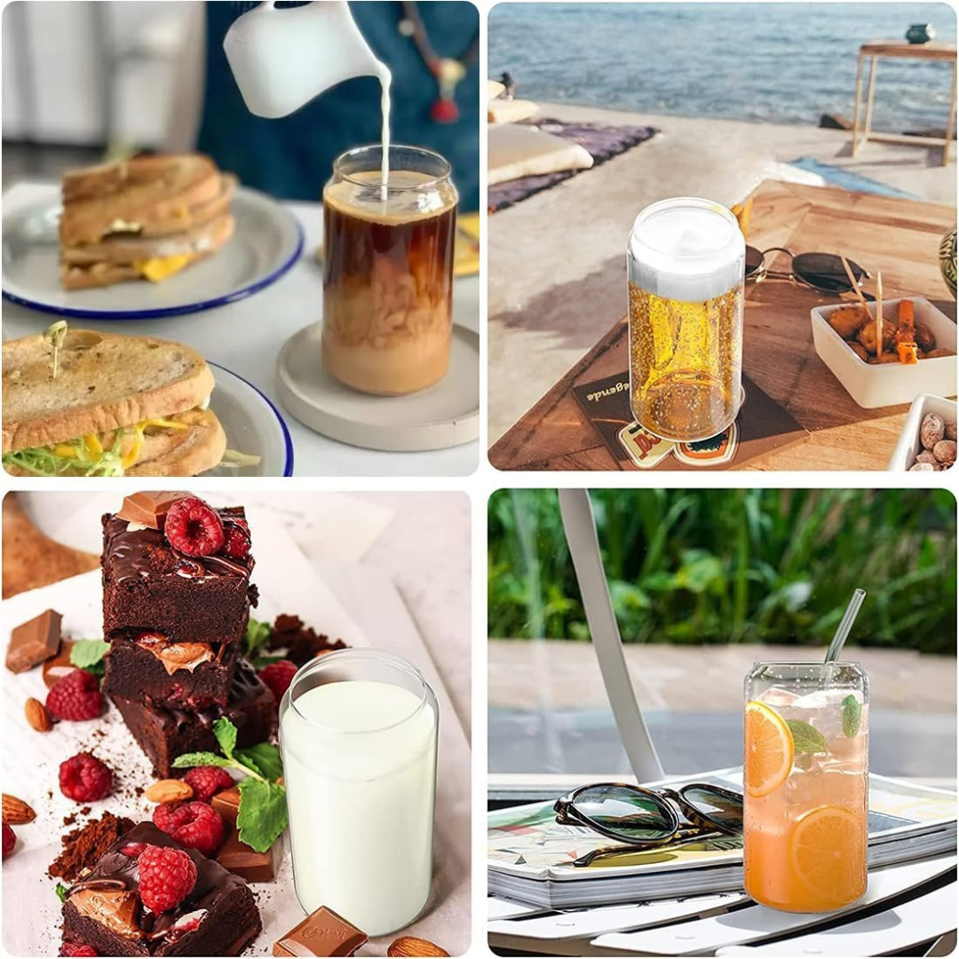 Collage of images including a coffee cup, sandwiches, a glass of lemonade, and brownies.