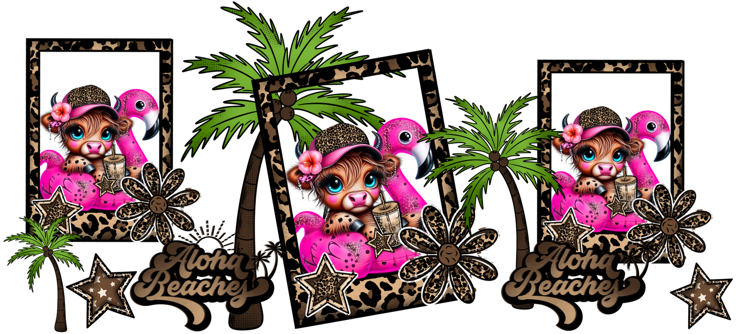 Decorative set with cartoon characters, palm trees, and 'Aloha Beaches' text on a white background.