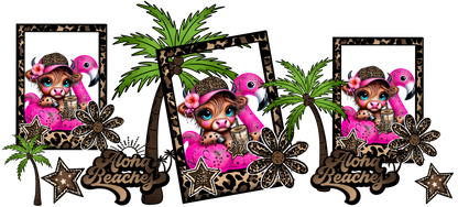 Decorative set with cartoon characters, palm trees, and 'Aloha Beaches' text on a white background.