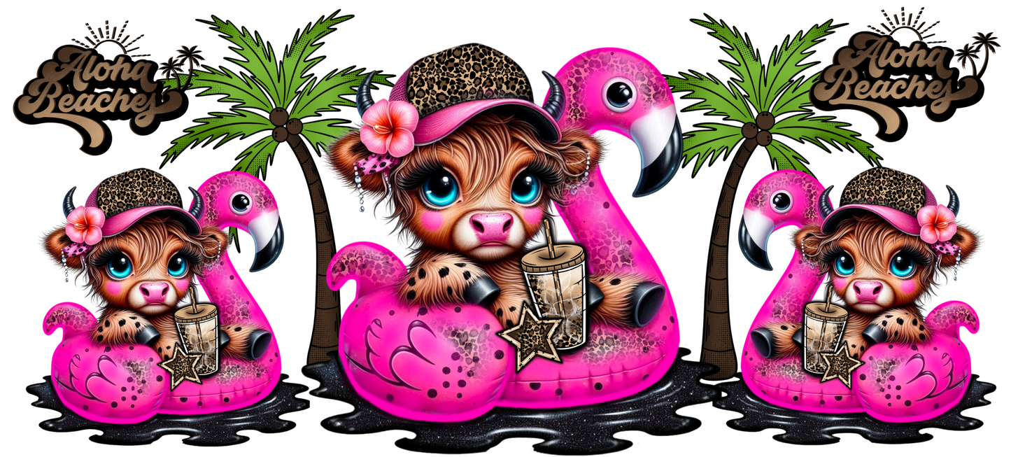 Three cartoon flamingos with cow characters wearing sunglasses and hats, surrounded by palm trees and 'Aloha Beaches' text.