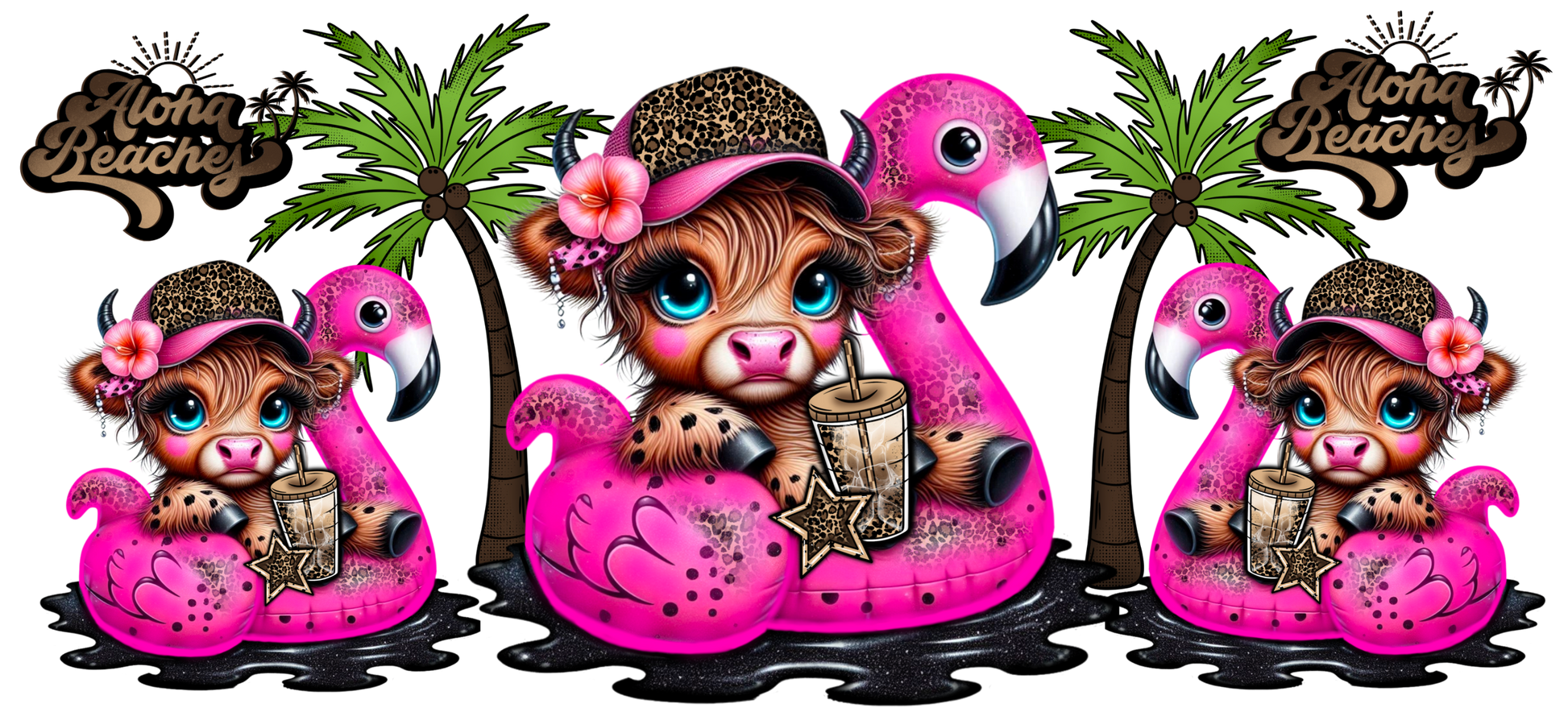 Three cartoon flamingos with cow characters wearing sunglasses and hats, surrounded by palm trees and 'Aloha Beaches' text.
