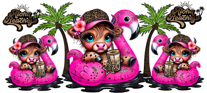 Three cartoon flamingos with cow characters wearing sunglasses and hats, surrounded by palm trees and 'Aloha Beaches' text.