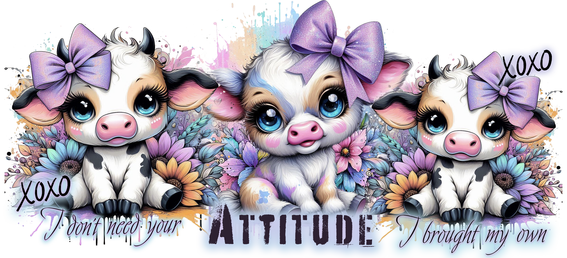 Three cartoon cows with bows and flowers, surrounded by text 'I don't need your attitude I brought my own' and floral elements.