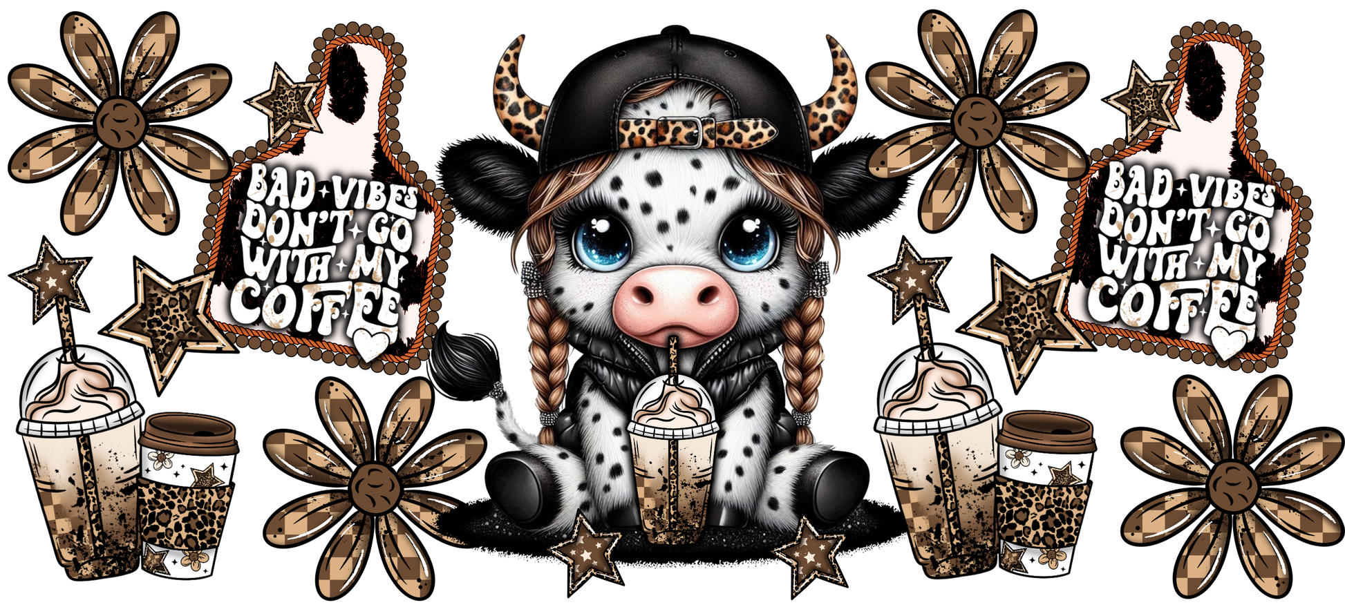 Cartoon cow with coffee-themed graphics and text on a white background