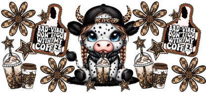 Cartoon cow with coffee-themed graphics and text on a white background