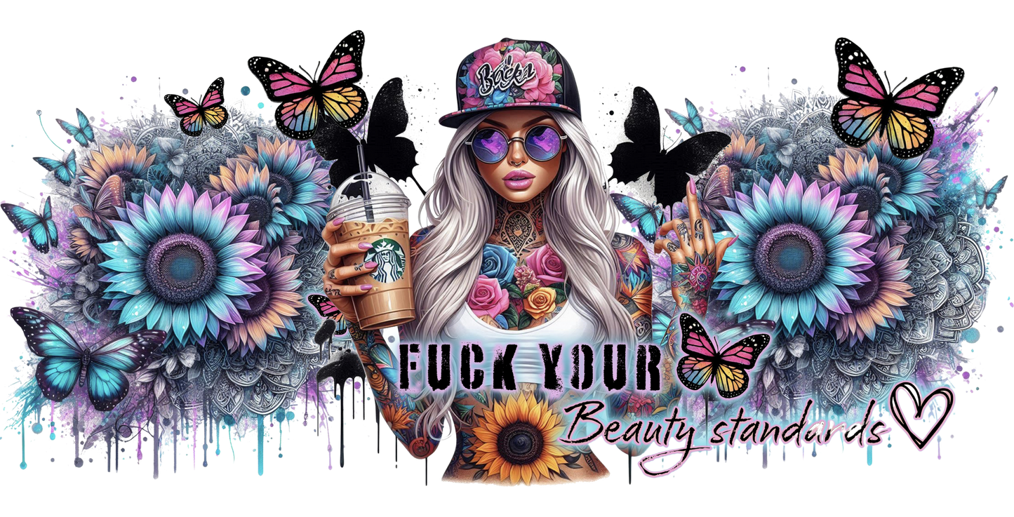 Colorful graphic with a person holding a drink, surrounded by flowers and butterflies, with text overlay.