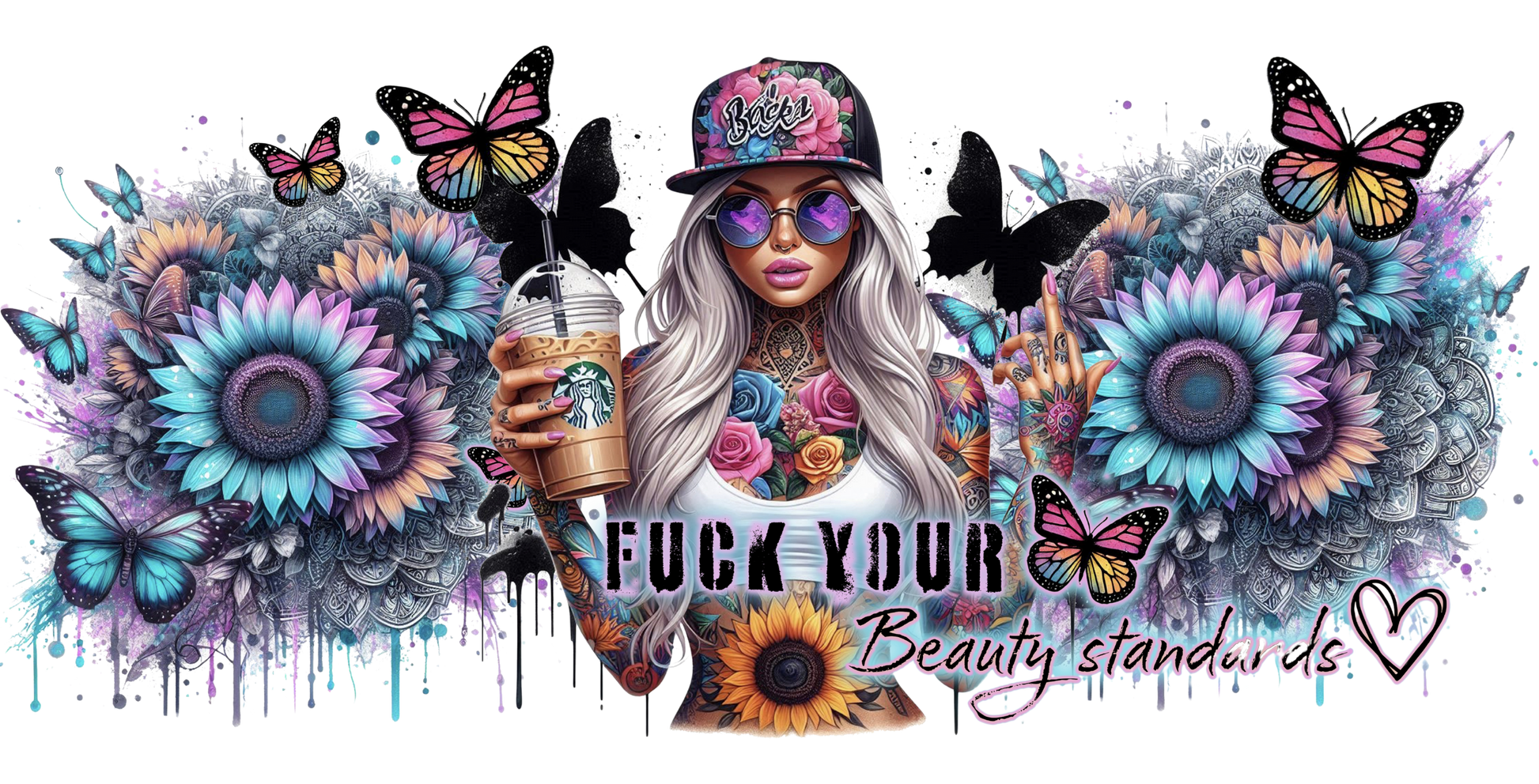 Colorful graphic with a person holding a drink, surrounded by flowers and butterflies, with text overlay.