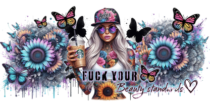 Colorful graphic with a person holding a drink, surrounded by flowers and butterflies, with text overlay.