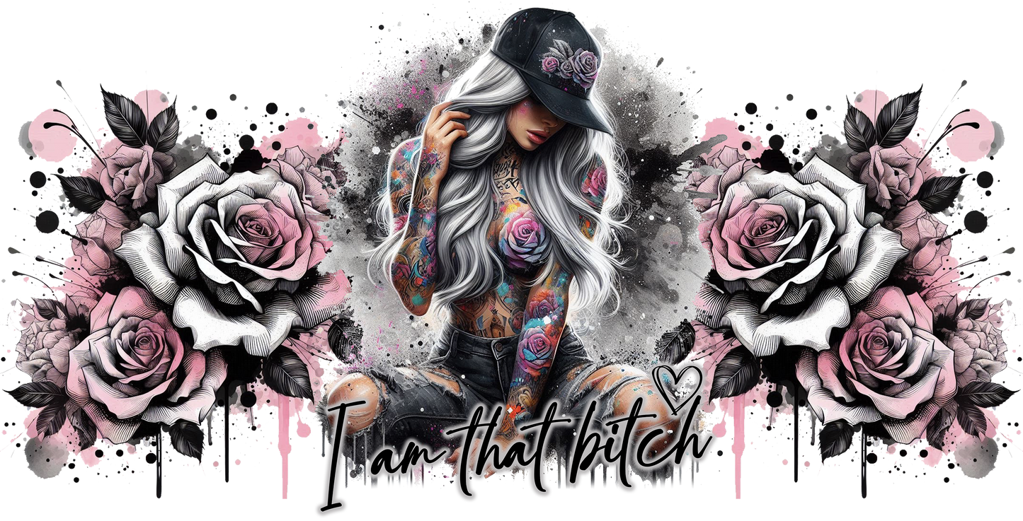 Tattooed person with floral and abstract design elements on a white background with 'I am that Bitch' text 