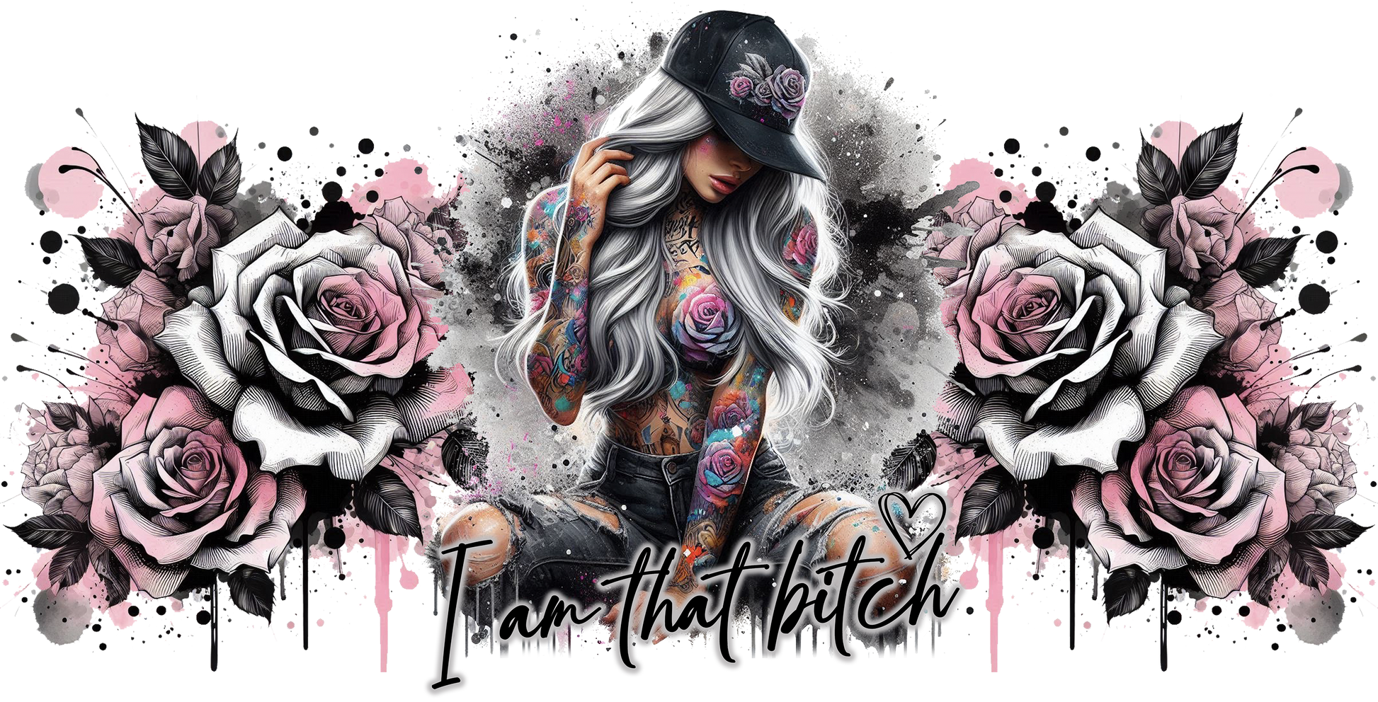 Tattooed person with floral and abstract design elements on a white background with 'I am that Bitch' text 