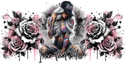 Tattooed person with floral and abstract design elements on a white background with 'I am that Bitch' text 