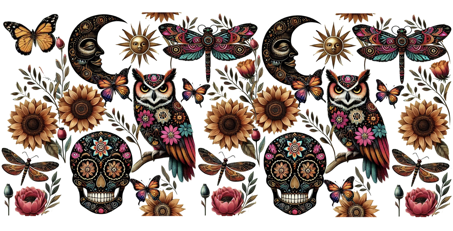 Colorful design featuring owls, candy skulls, flowers, and butterflies on a white background
