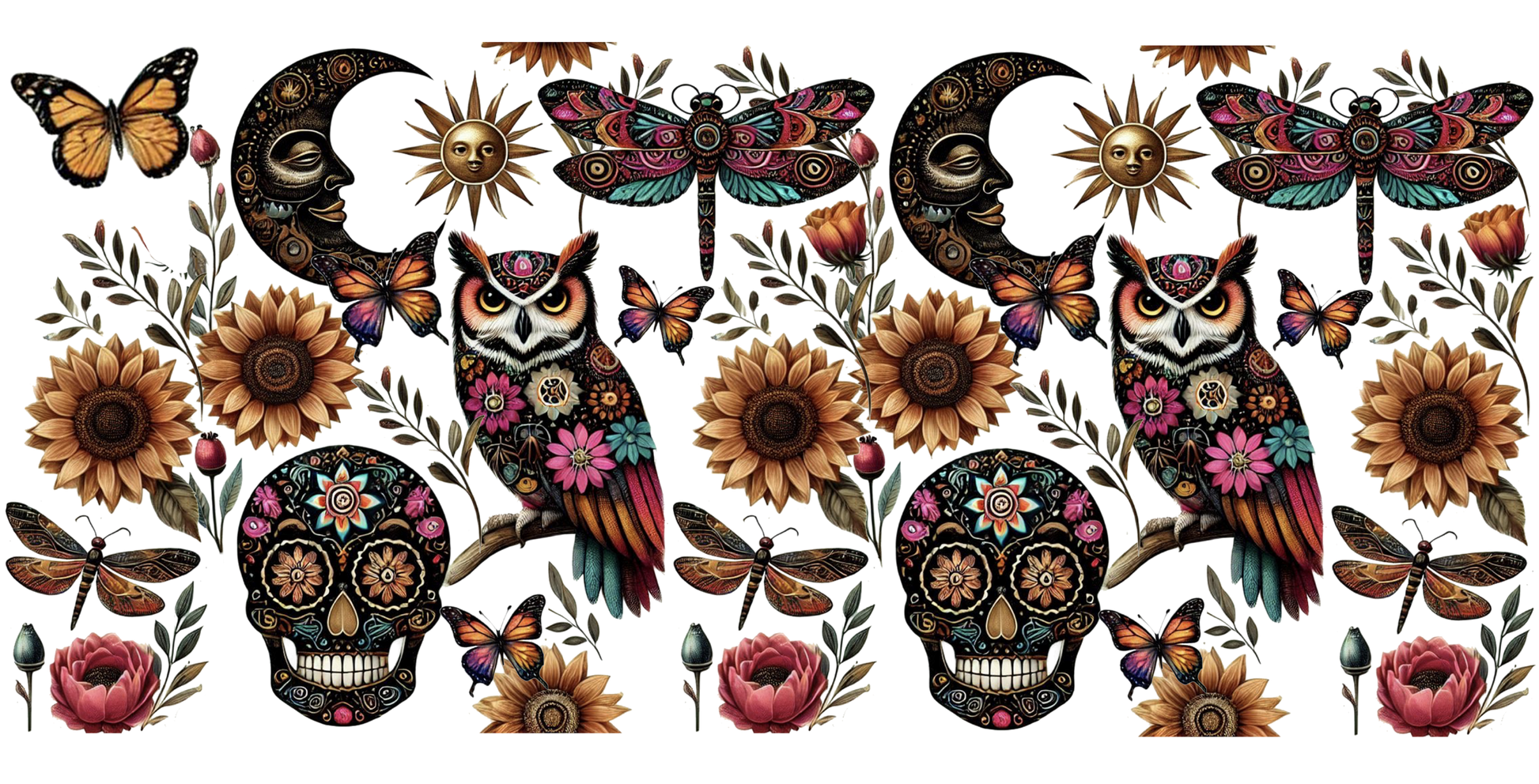 Colorful design featuring owls, candy skulls, flowers, and butterflies on a white background