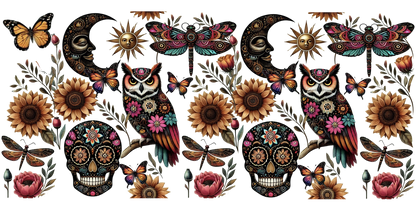 Colorful design featuring owls, candy skulls, flowers, and butterflies on a white background