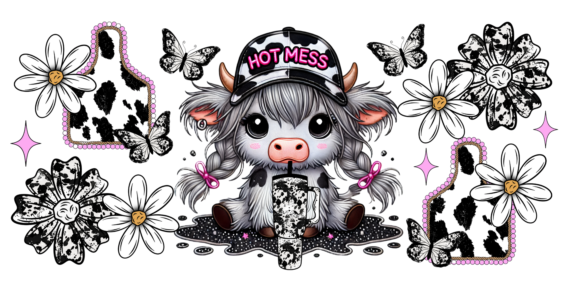 Cartoon cow with 'Hot Mess' hat surrounded by flowers and butterflies on a white background