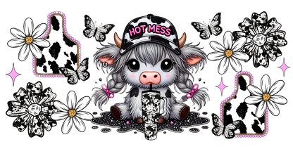 Cartoon cow with 'Hot Mess' hat surrounded by flowers and butterflies on a white background