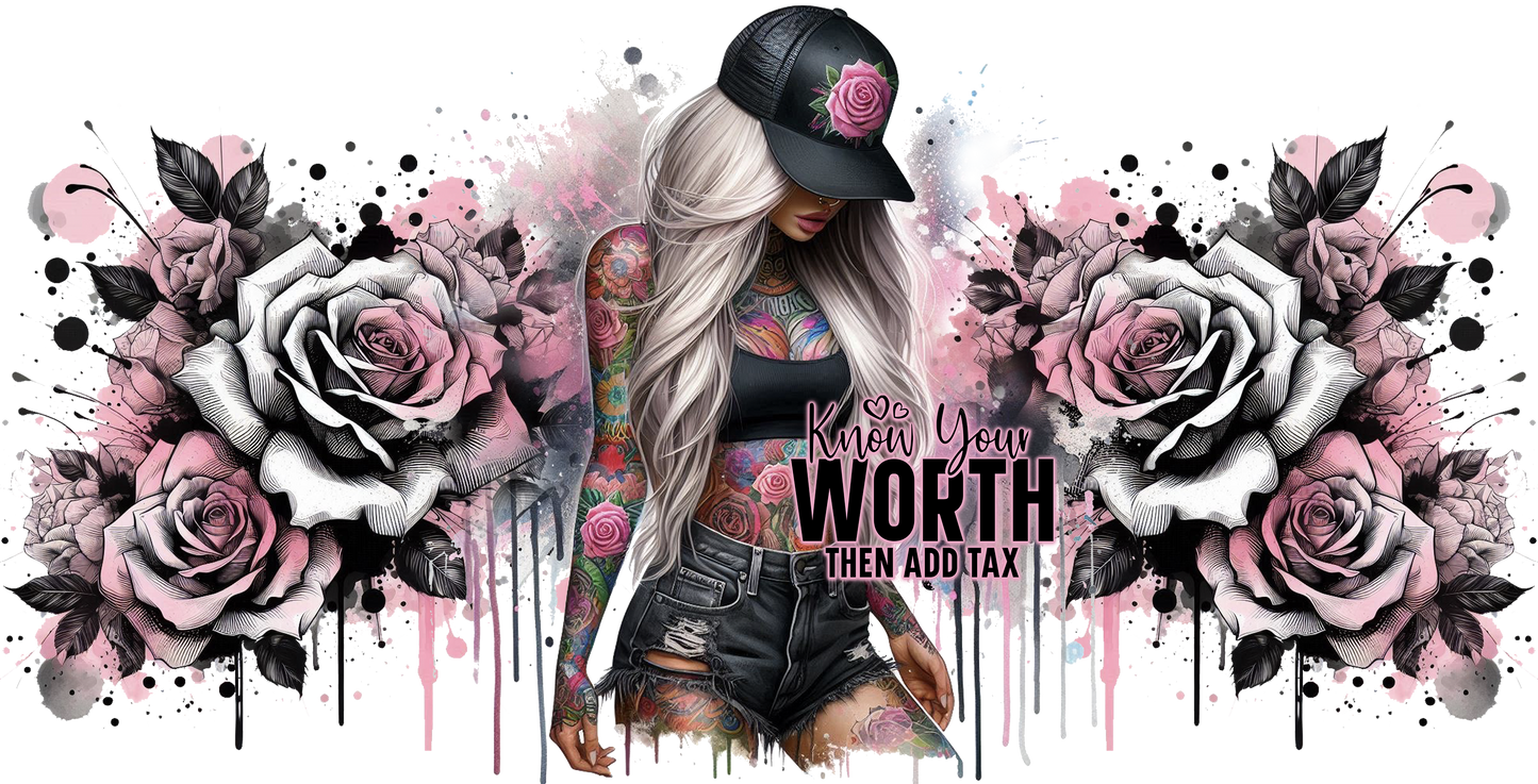 Tattooed person with floral and abstract design elements, with text 'Know Your Worth Then Add Tax'.