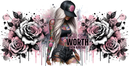 Tattooed person with floral and abstract design elements, with text 'Know Your Worth Then Add Tax'.