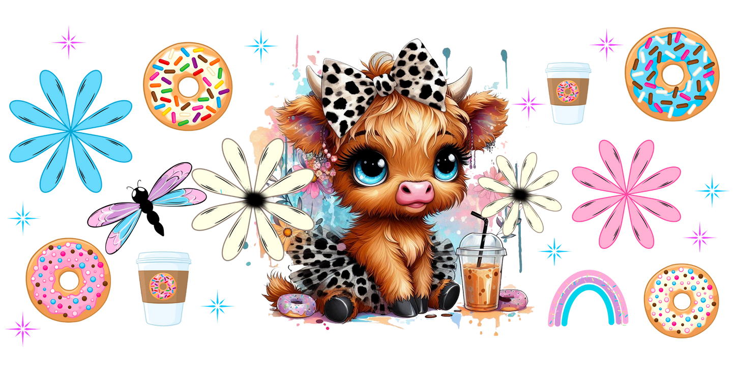 Illustration of a cute animal character with flowers, donuts, and drinks on a white background
