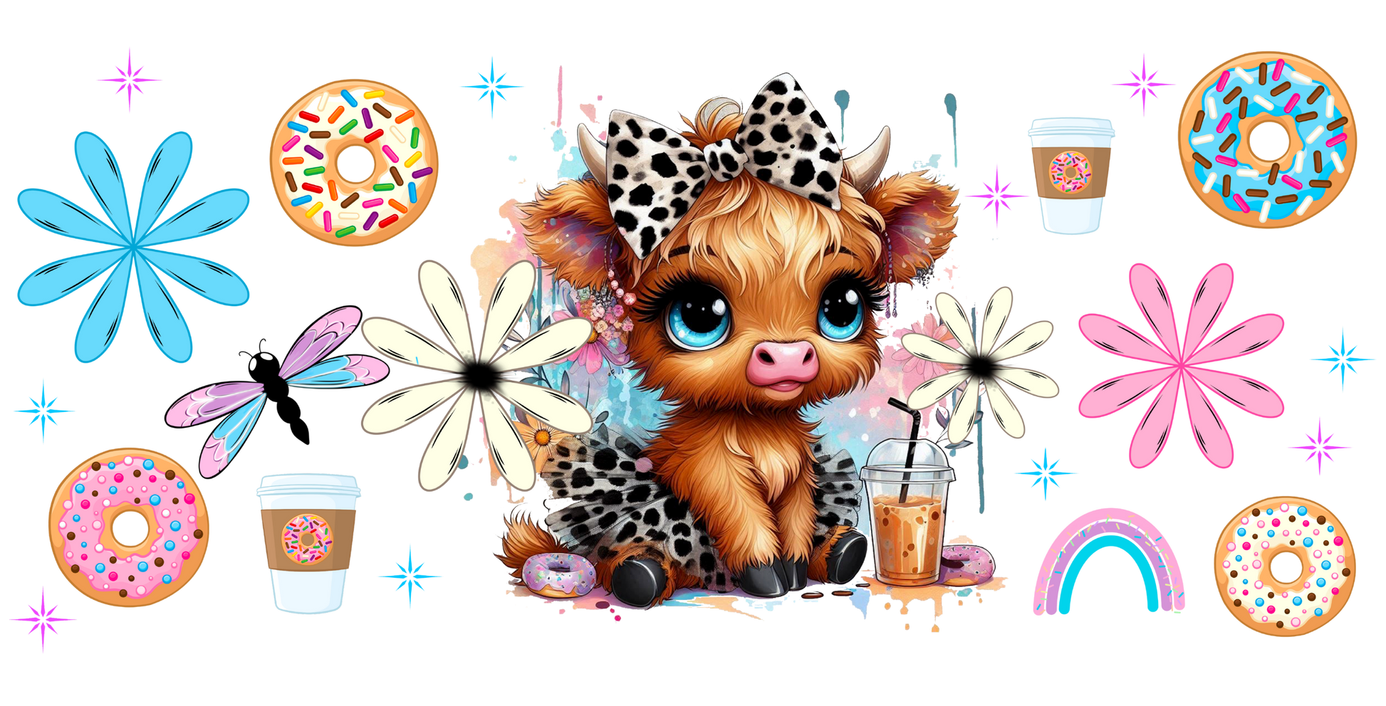 Illustration of a cute animal character with flowers, donuts, and drinks on a white background