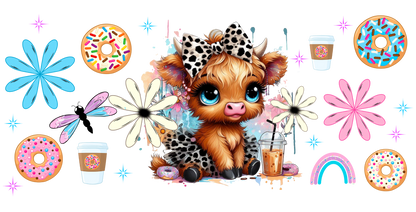 Illustration of a cute animal character with flowers, donuts, and drinks on a white background