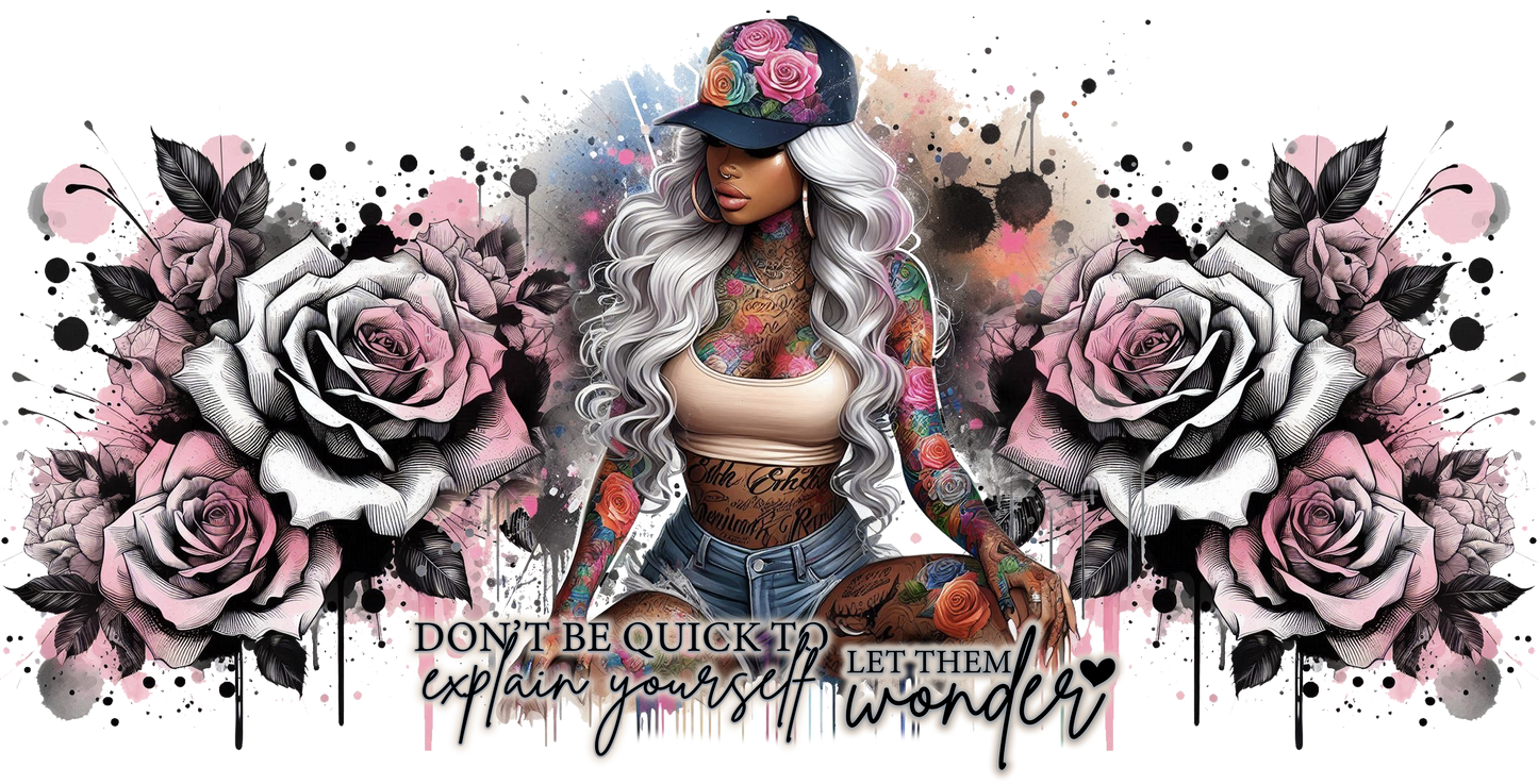 Artistic design with a person, flowers, and text on a colorful background