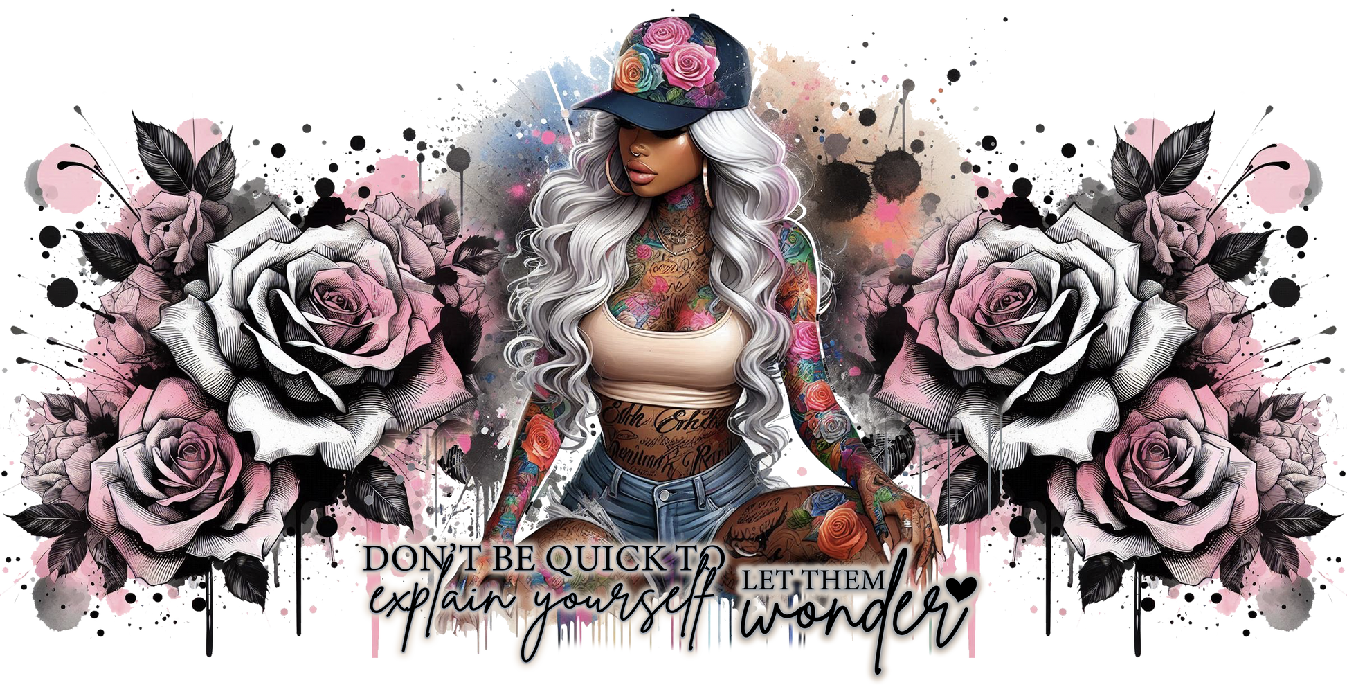 Artistic design with a person, flowers, and text on a colorful background