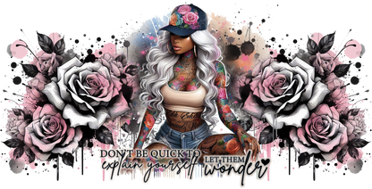 Artistic design with a person, flowers, and text on a colorful background