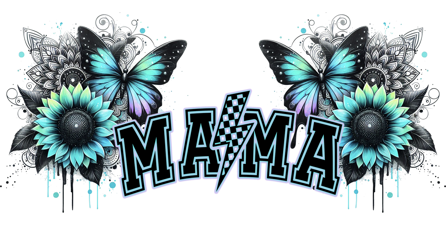 Decorative design with butterflies, flowers, and the word 'MAMA' on a white background.