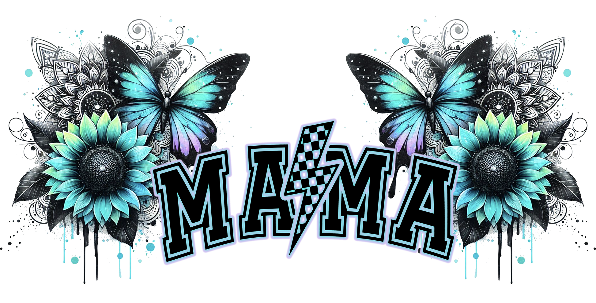 Decorative design with butterflies, flowers, and the word 'MAMA' on a white background.