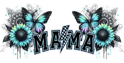 Decorative design with butterflies, flowers, and the word 'MAMA' on a white background.