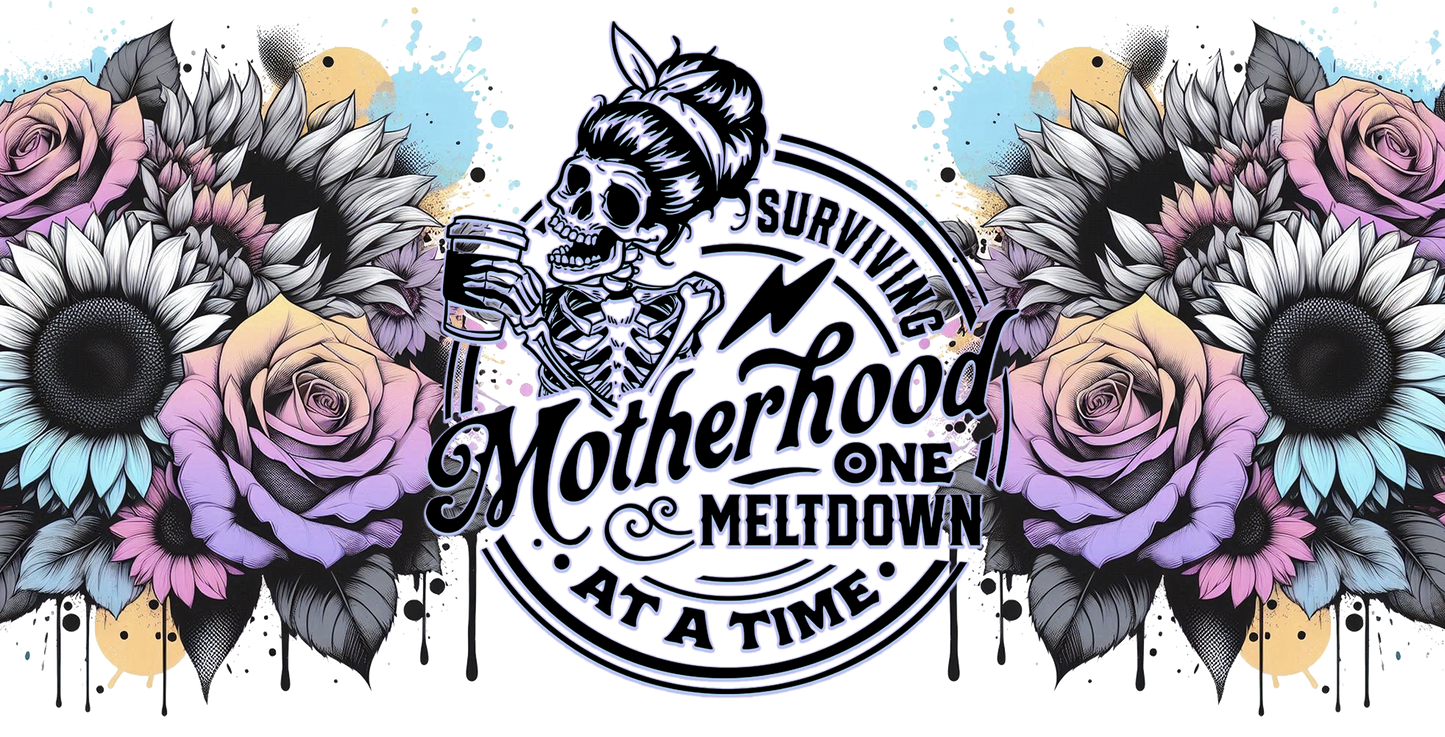 Decorative graphic with flowers and a skeleton, featuring text about surviving motherhood.