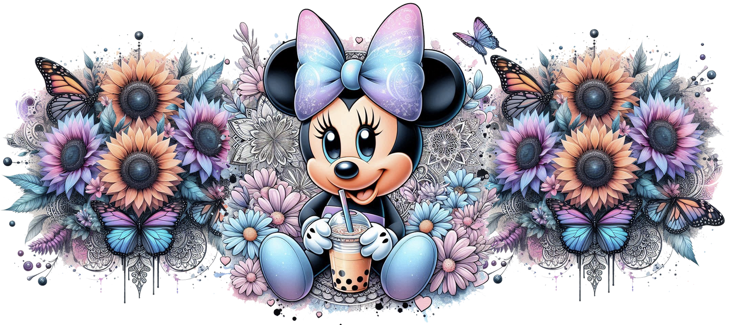Cartoon character Minnie Mouse with flowers and butterflies in a decorative arrangement