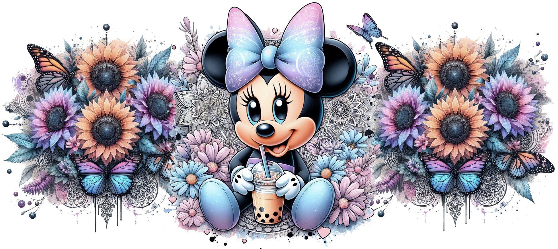 Cartoon character Minnie Mouse with flowers and butterflies in a decorative arrangement