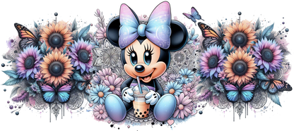Cartoon character Minnie Mouse with flowers and butterflies in a decorative arrangement
