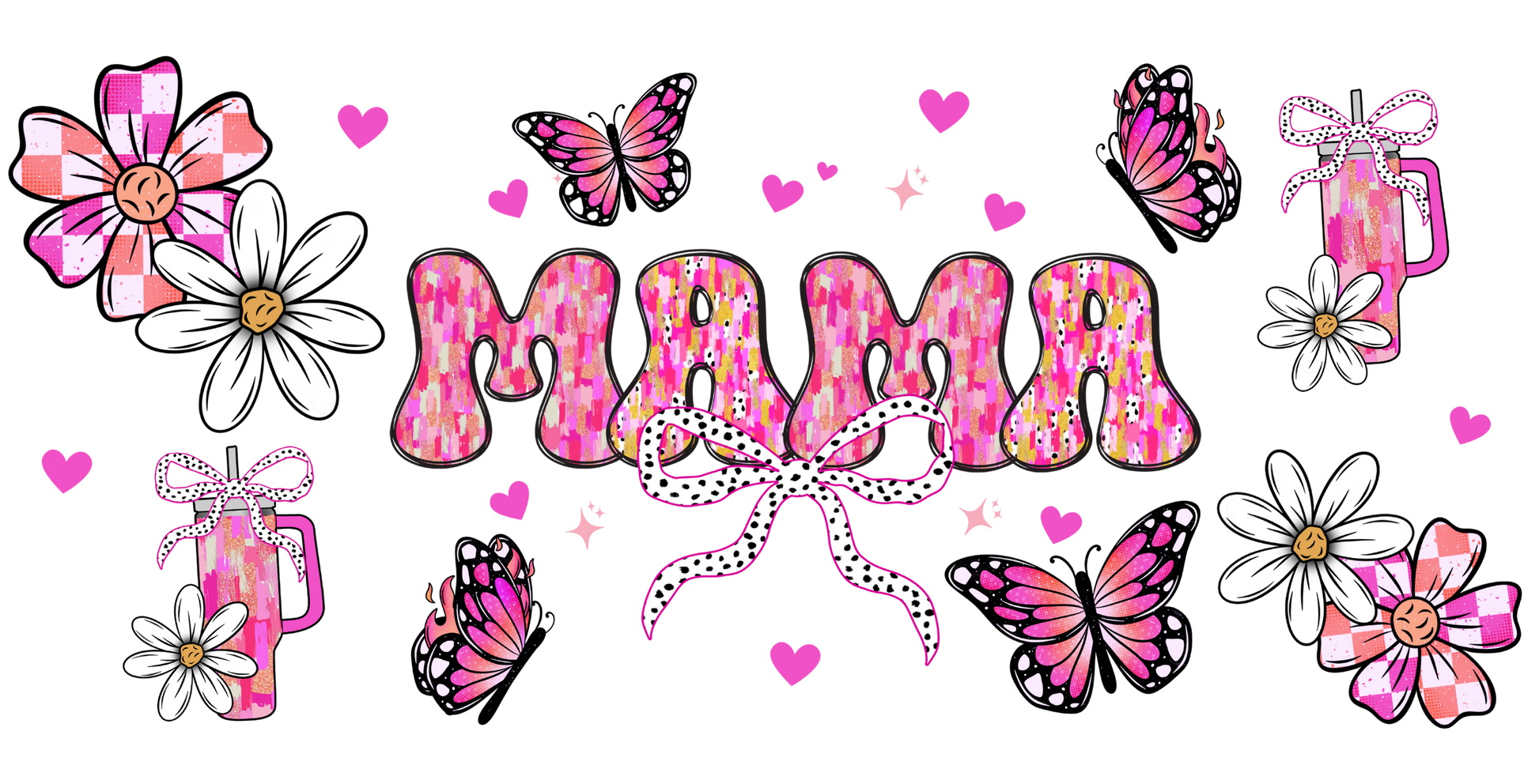 Pink 'MAMA' text with flowers, butterflies, and mugs on a white background