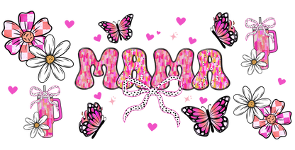 Pink 'MAMA' text with flowers, butterflies, and mugs on a white background
