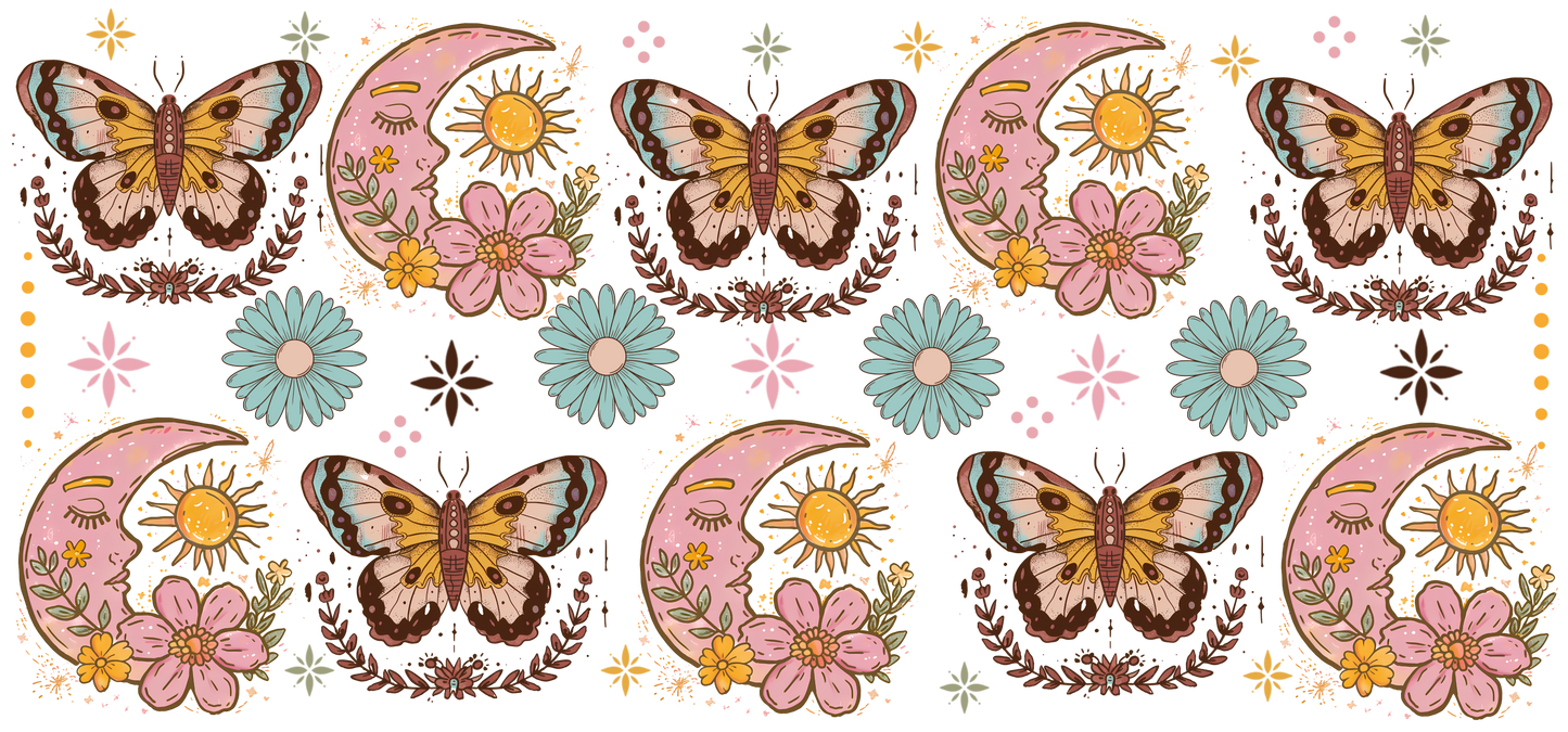 Decorative pattern with butterflies, flowers, and moons on a white background