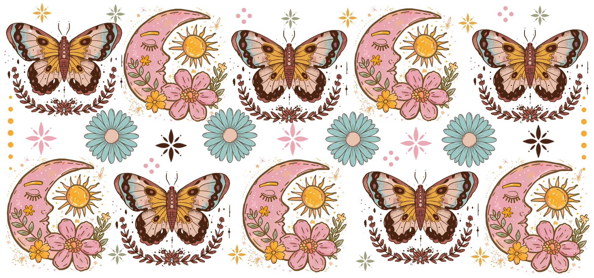 Decorative pattern with butterflies, flowers, and moons on a white background