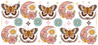 Decorative pattern with butterflies, flowers, and moons on a white background