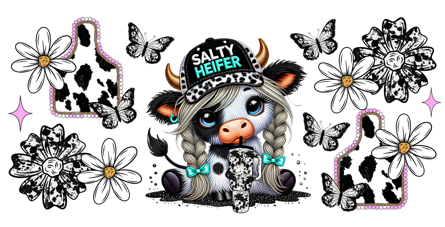Illustration of a cow with a 'Salty Heifer' hat surrounded by flowers and decorative elements on a white background.