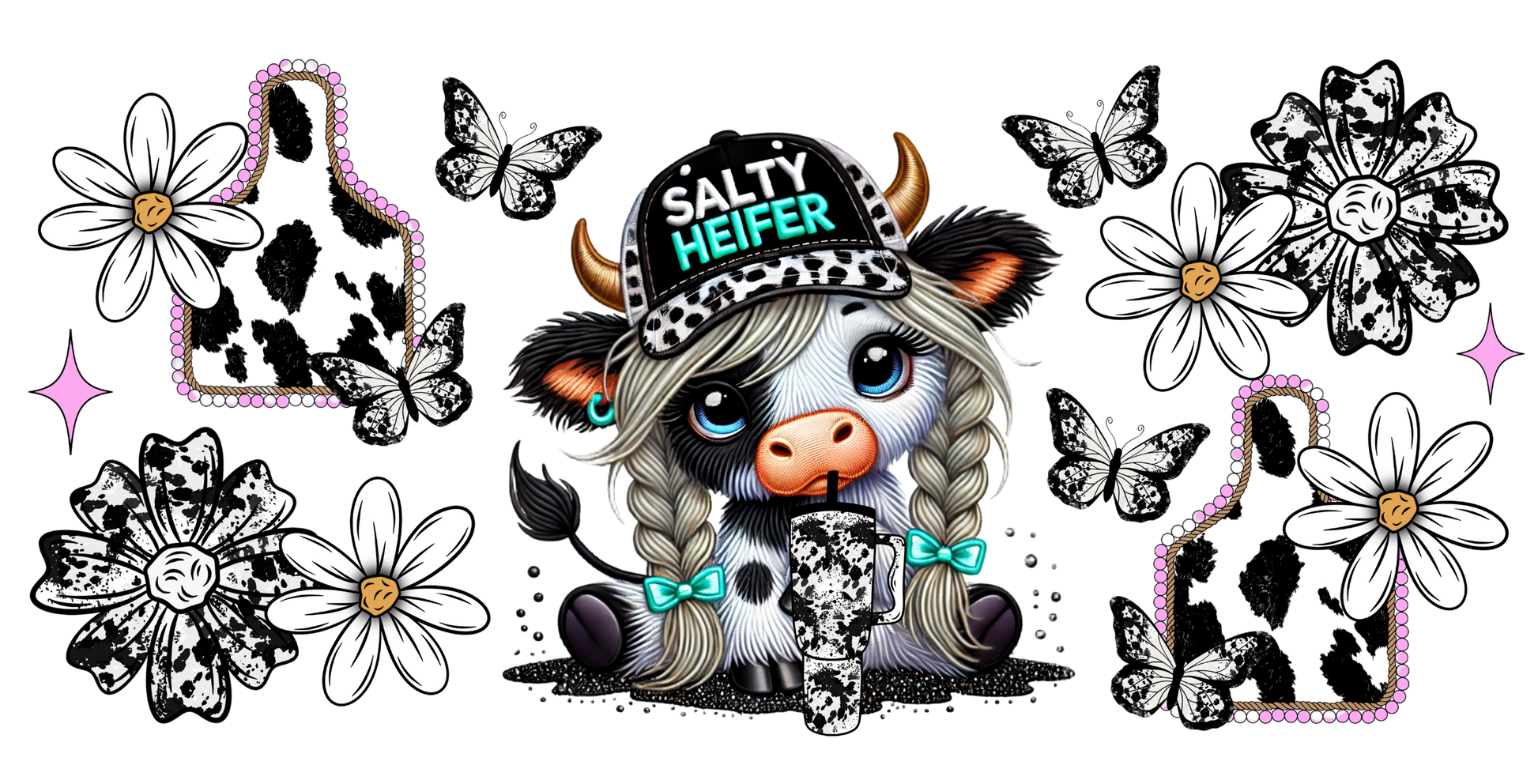 Illustration of a cow with a 'Salty Heifer' hat surrounded by flowers and decorative elements on a white background.