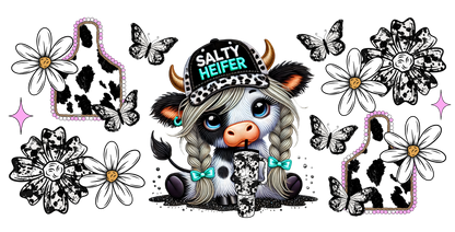 Illustration of a cow with a 'Salty Heifer' hat surrounded by flowers and decorative elements on a white background.