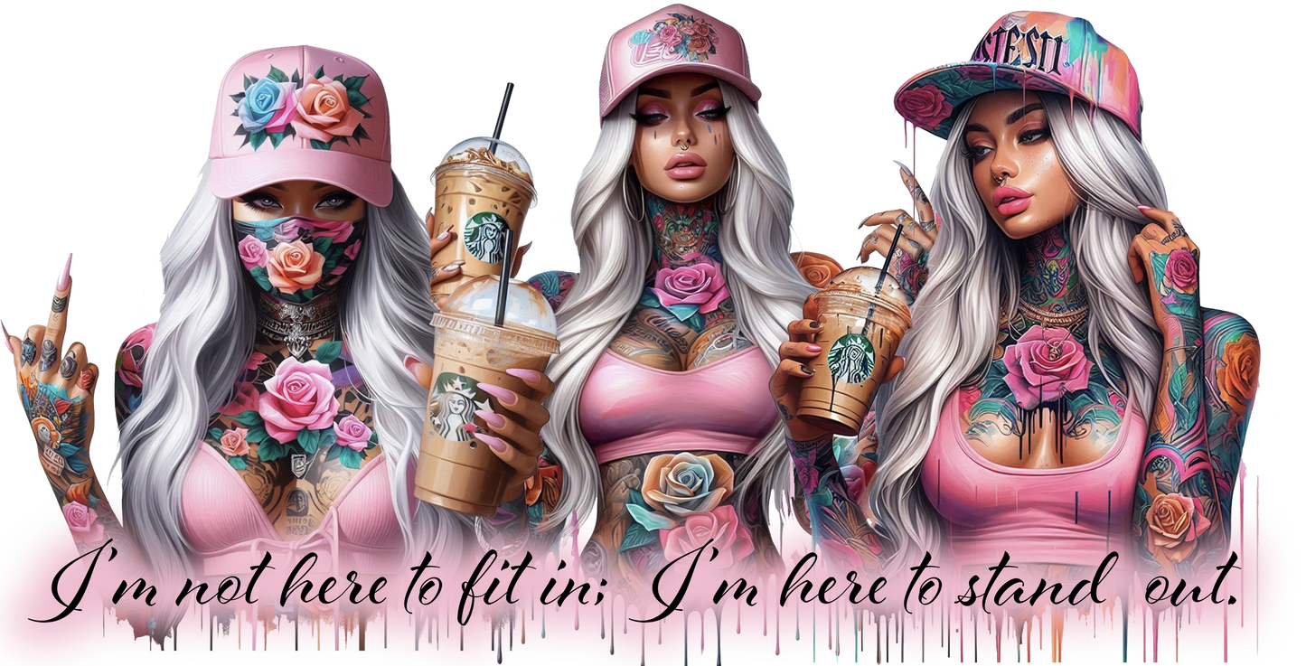 Three women with floral hats and tattoos holding drinks, with a Starbucks cup.
